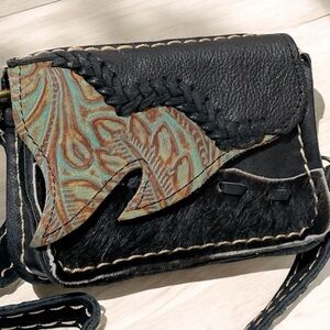 Leather Mini Bag Bohemian Crossbody Artisan Accent Size  6 x 4 x 2.5
